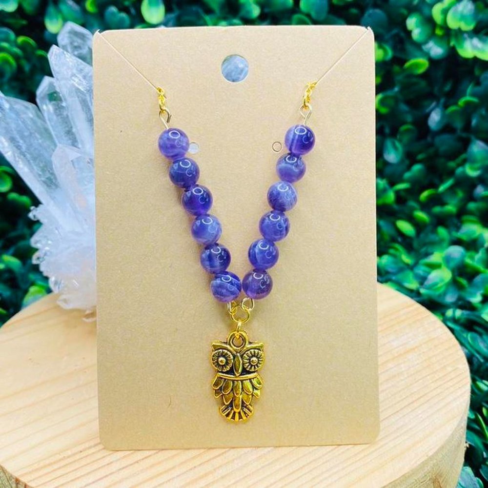 Amethyst crystal gold necklace with owl pendant